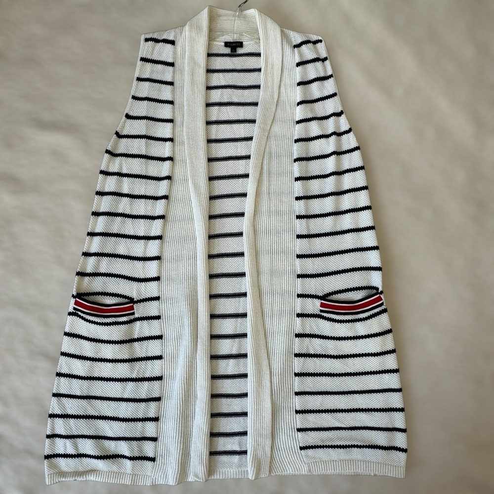 Talbots Nautical Cardigan Sleeveless Women's Large Open Front Stripes Ivory Blue